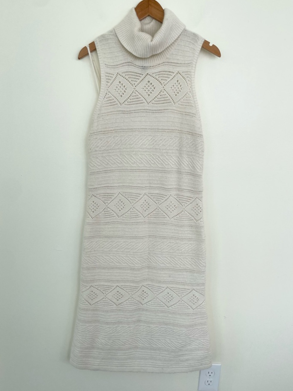 Lauren Ralph Lauren Pointelle Turtleneck Midi Dress Ivory Cream L Large Cashmere